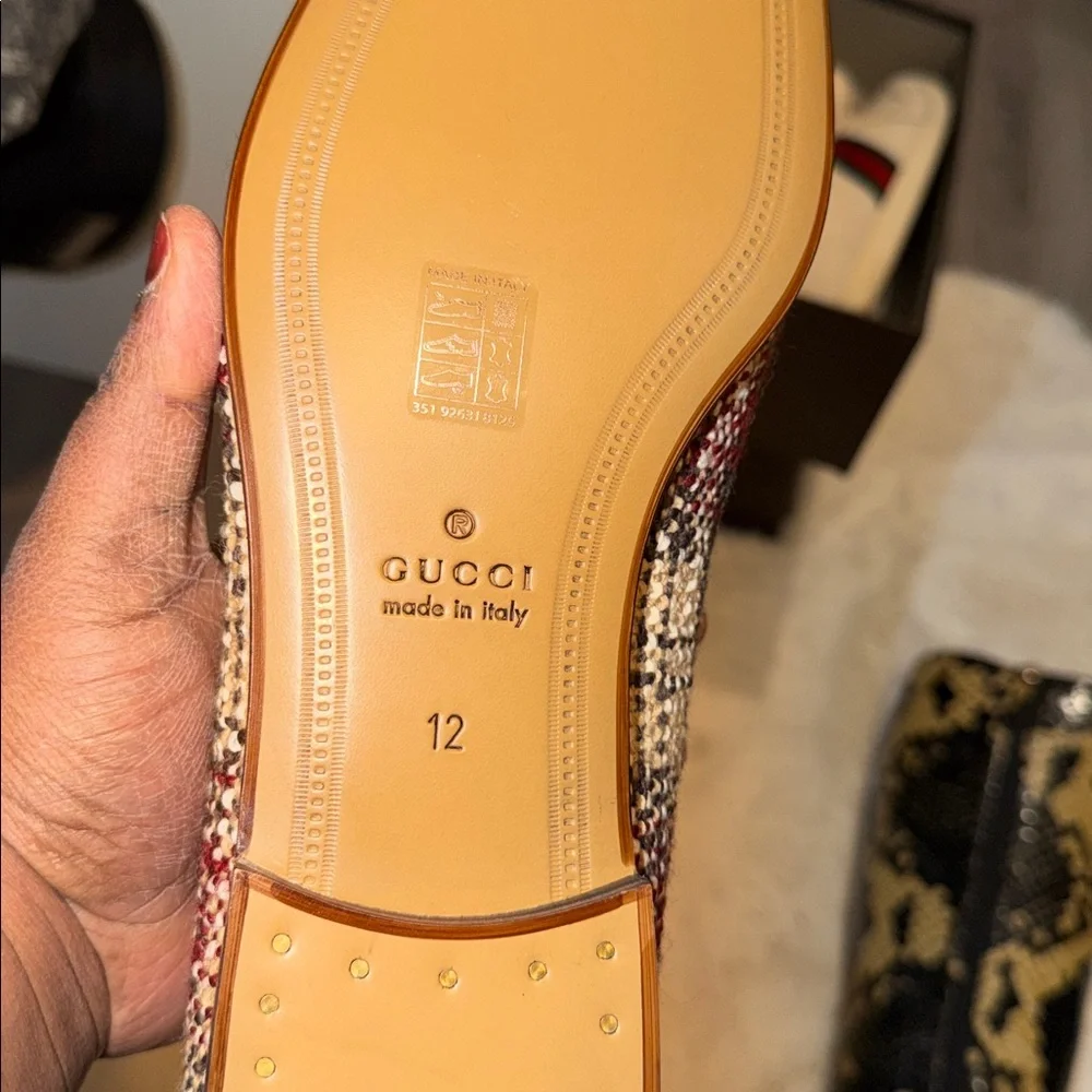 GUCCI 
Vintage Tweed Check Horsebit Mens Jordaan Loafers 8.5Red Beige White - Picture 6 of 7